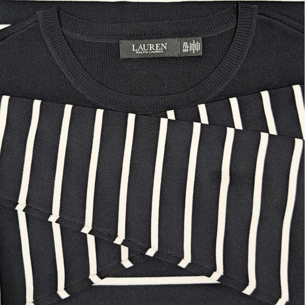 Lauren Ralph Lauren Women's Black White Striped Crewneck Sweater 2X - Picture 5 of 8